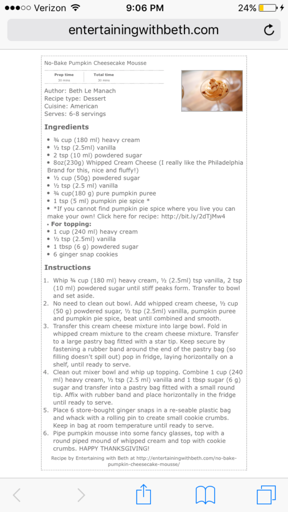 Screenshot of a No-Bake Pumpkin Cheesecake Mousse.