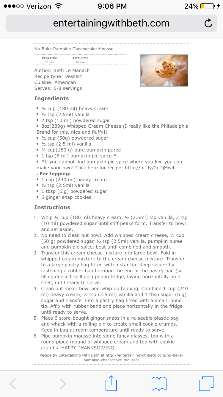 Screenshot of a No-Bake Pumpkin Cheesecake Mousse.