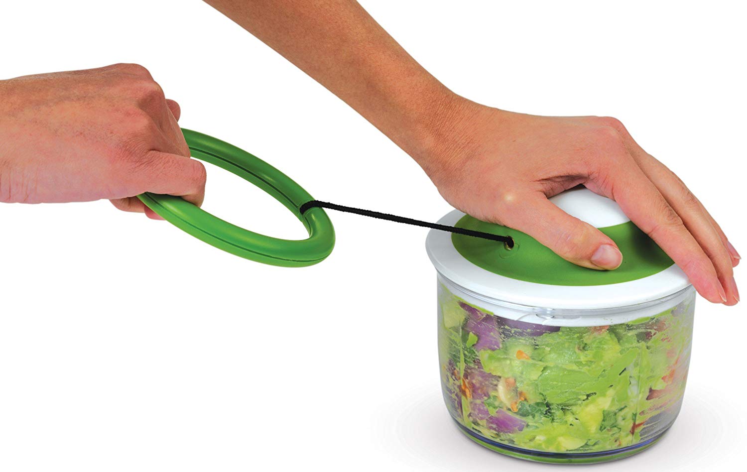 Chefn Veggie Chopper Chef'N Veggie chopper with a clear bowl with blade assembly and a top with a pull cord to cause the chopping motion of the blades.