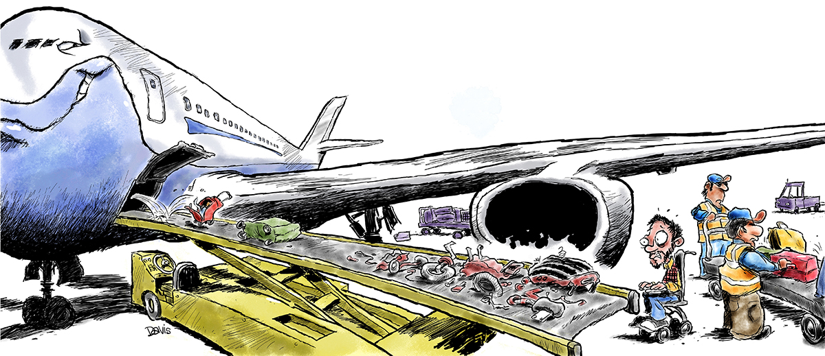 AirlineBrokenWheelchair Cartoon of an airline conveyor belt delivering broken wheelchair parts to a wheelchair user