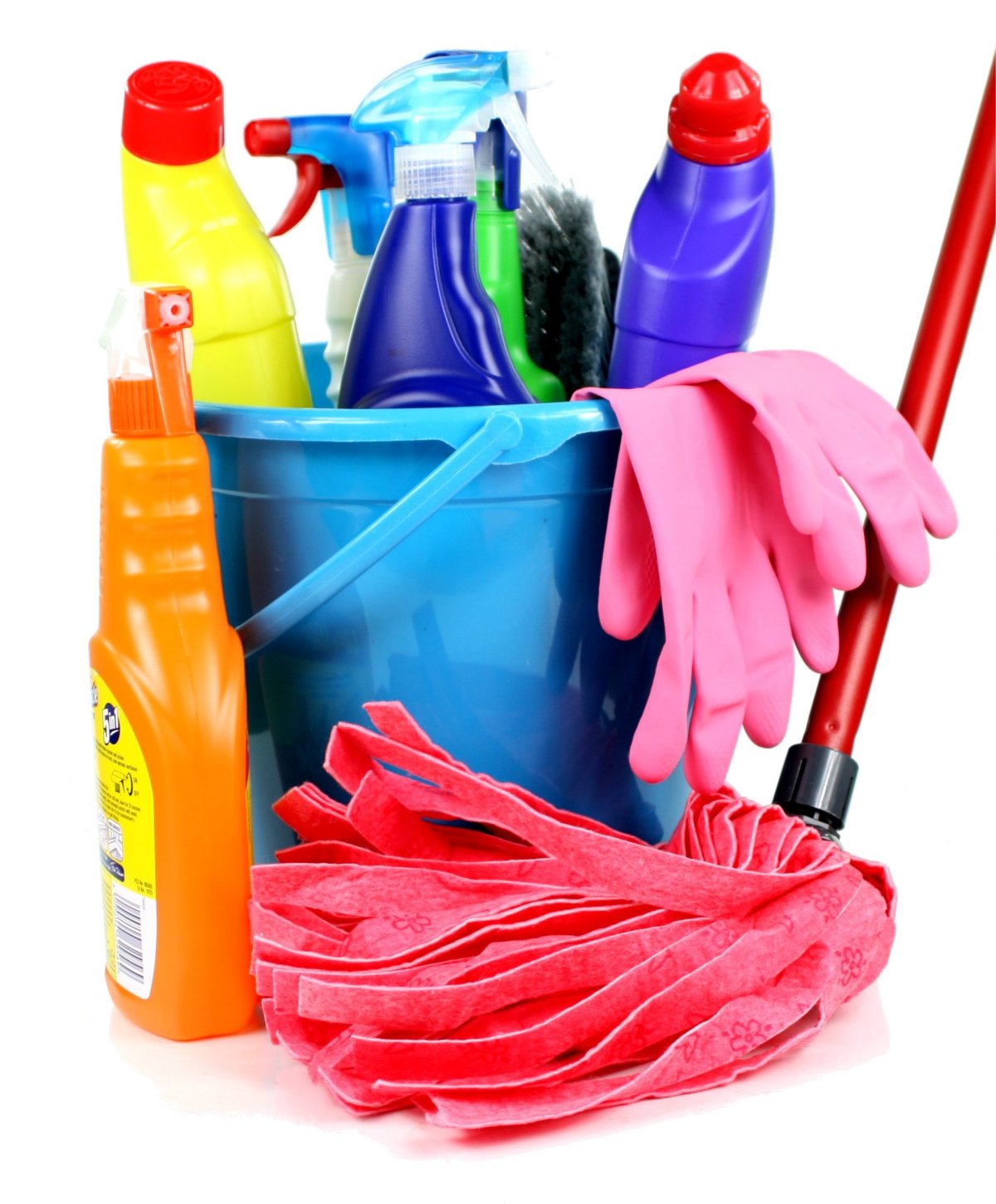 cleaning15 Blue bucket, pink mop and multiple bottles of cleaning products