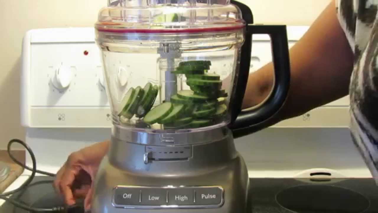 Food processor containing cucumber slices