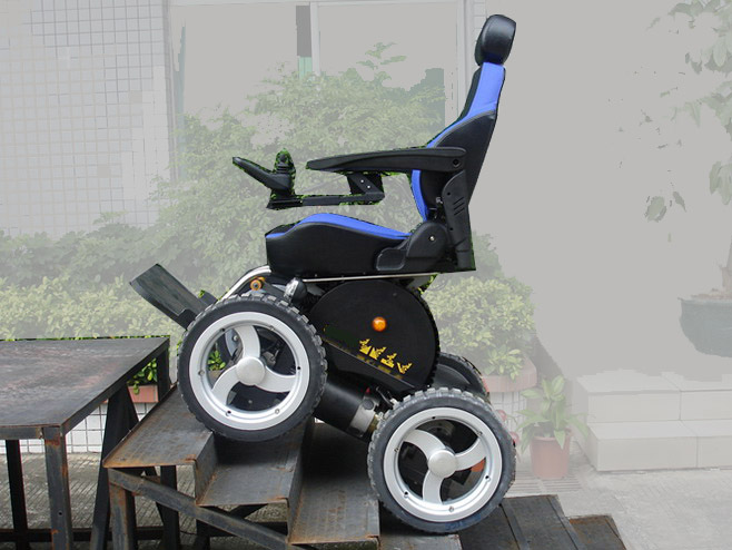 A power wheelchair ascending stairs