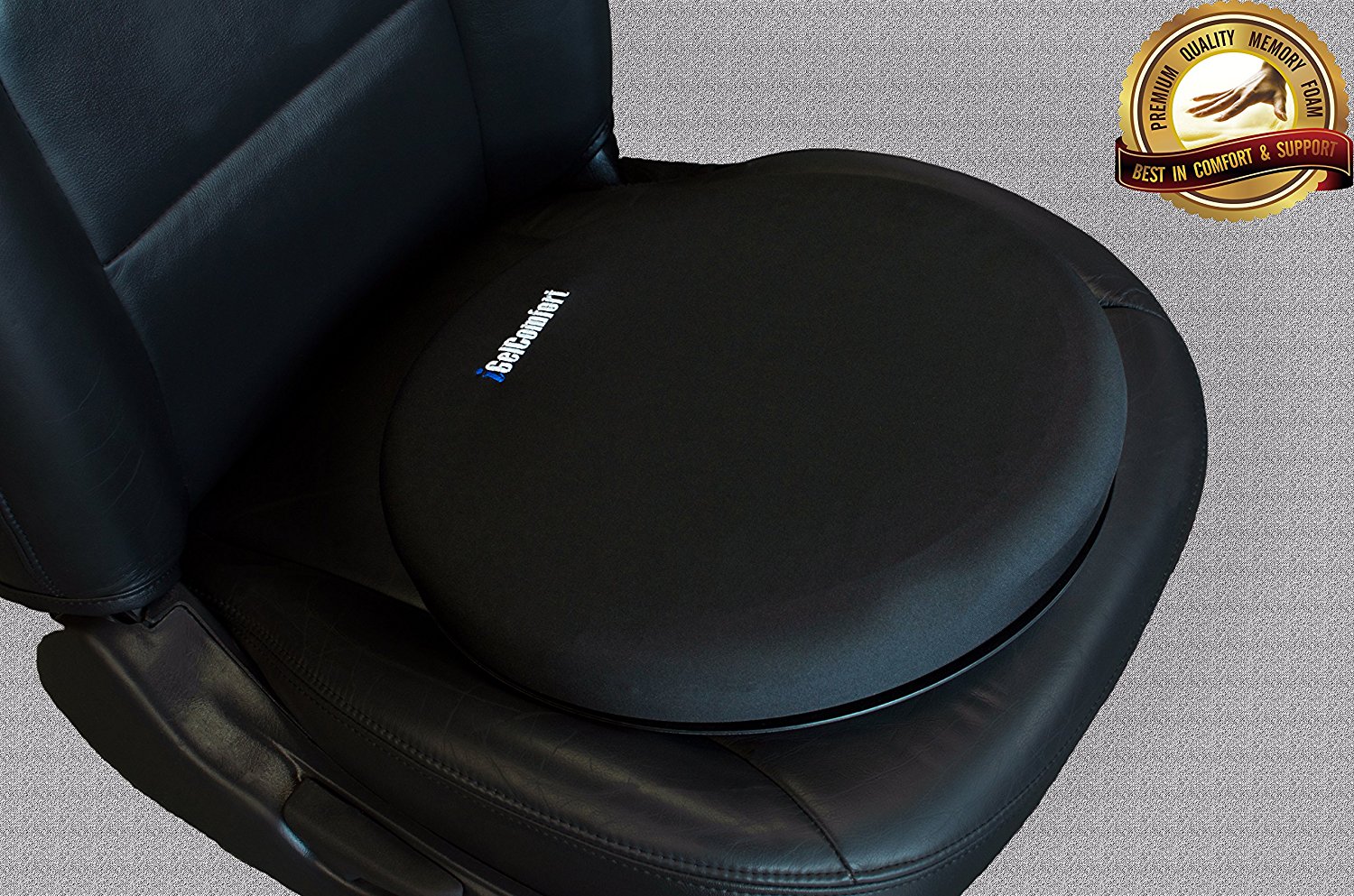 Swivel Seat a black pancake-shaped cushion sits on a car bucket seat
