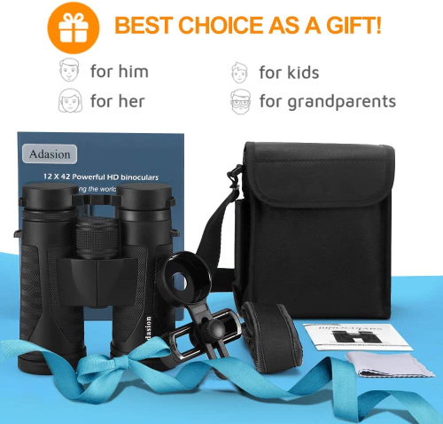 Black 12x42 High Definition Binoculars with Universal Phone Adapter