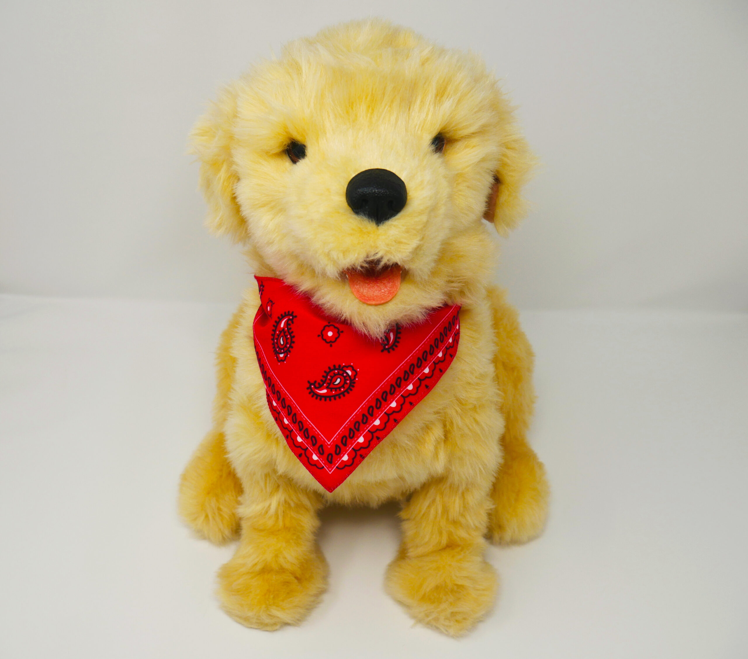 P1000766 Stuffed animal golden retriever with red bandana companion pet robotic