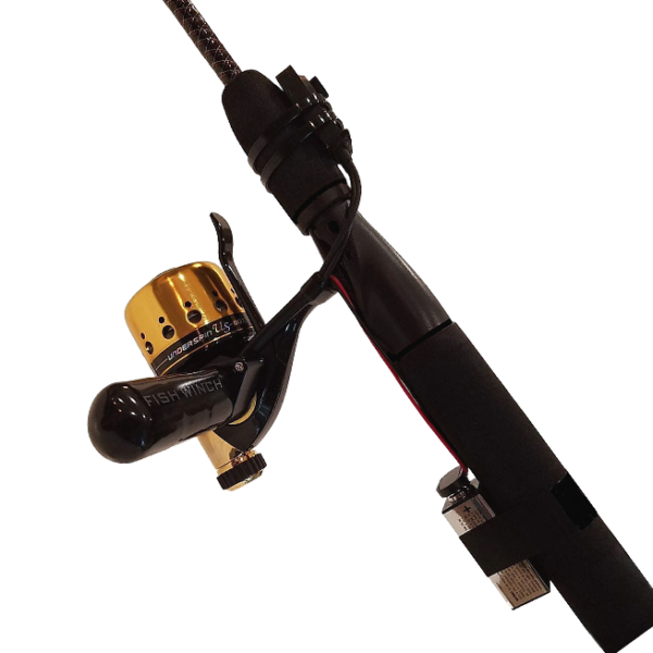 image (2) automatic fishing reel with battery attached to rod