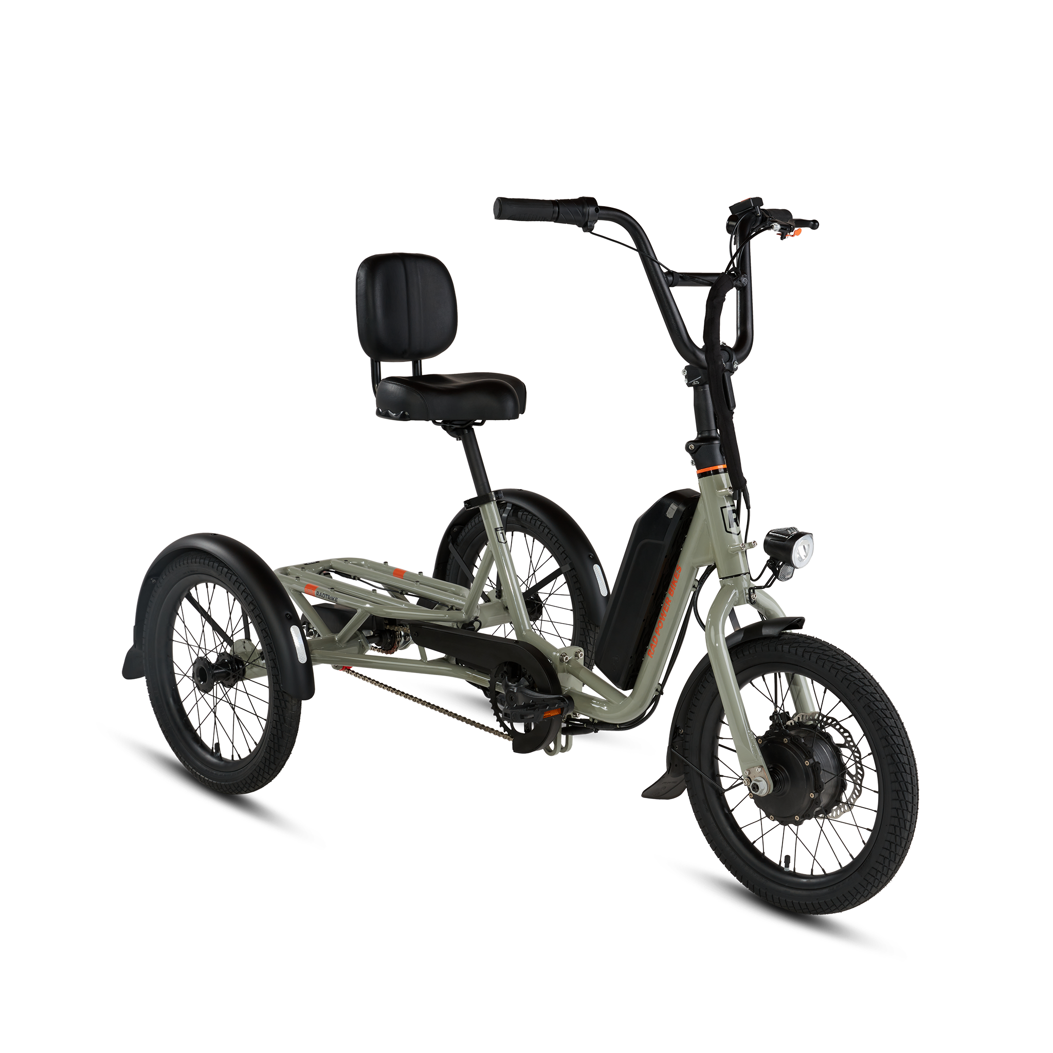 image Electric trike body is gray and handles, wheels and seat are black