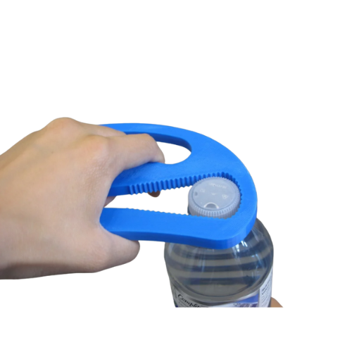Outdoor Rec (1) hand holding a 3d printed blue bottle opener, opening a water bottle
