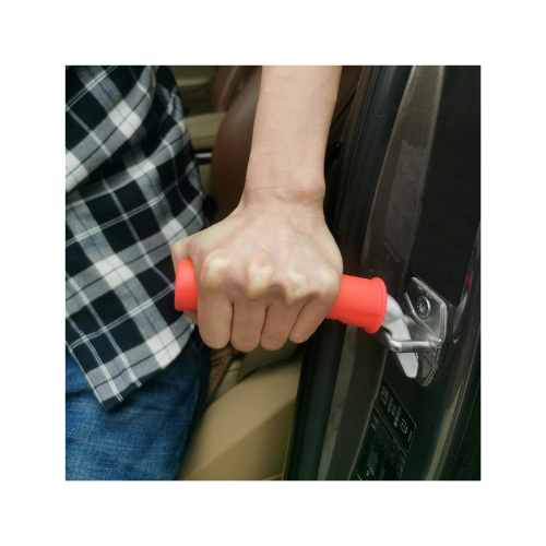 handy bar a person holding onto a red handy bar that is placed on car door mechanism to help get out of car
