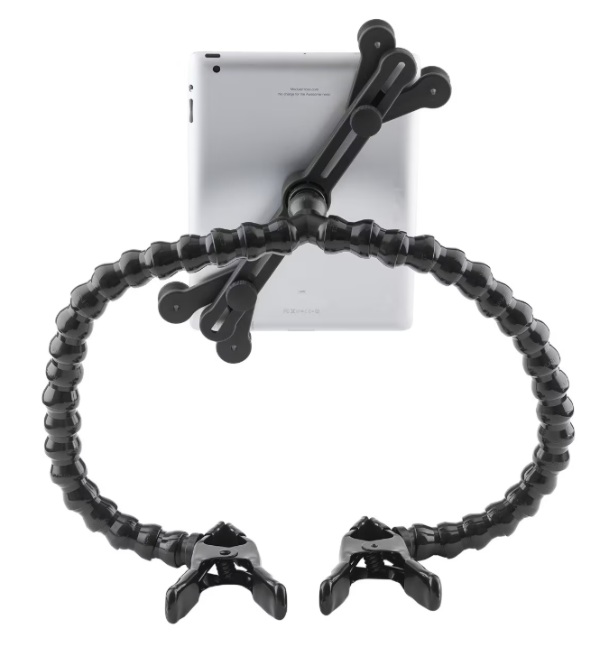 modular hose mount mounting device black with clips holding an ipad
