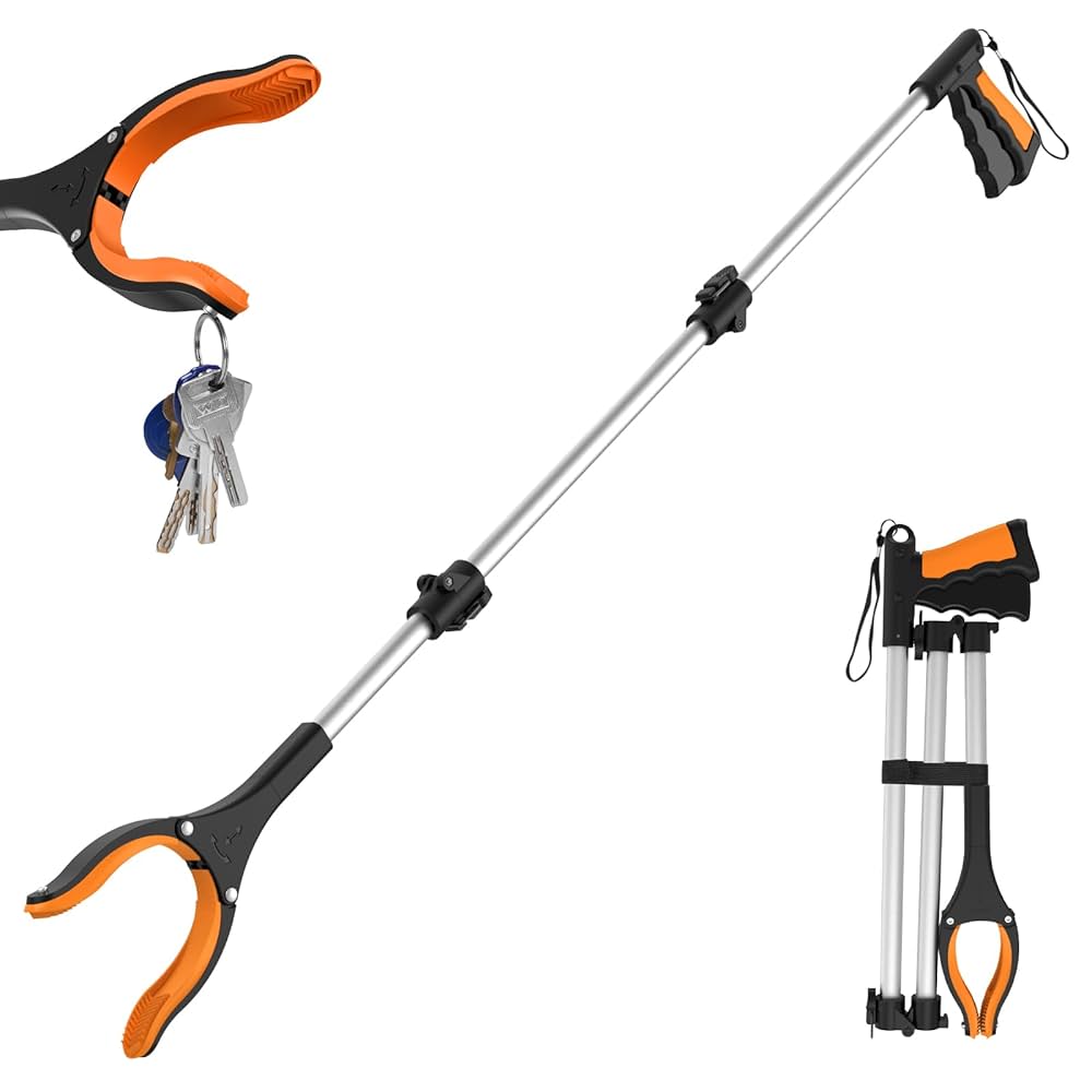 reacher black and orange reacher grabber with magnet holding keys and folding mechanism