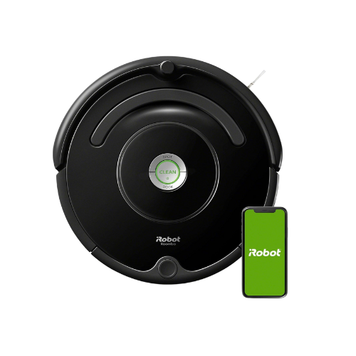 roomba black round roomba vacuum and a phone featuring the robot app
