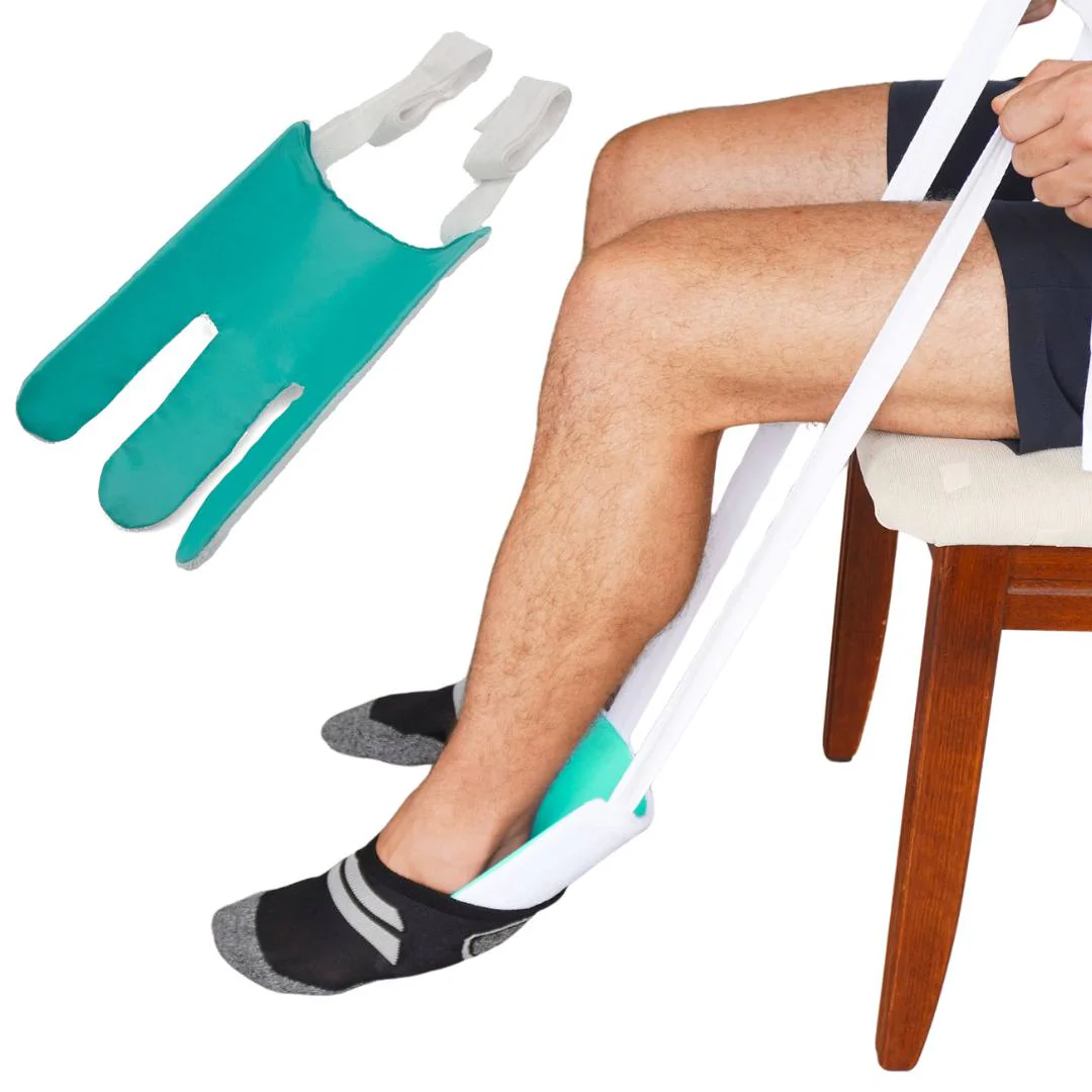 sock-aid-fabric.UPSD image of individual using sock aid to put on a black sock with image of the sock aid by its self
