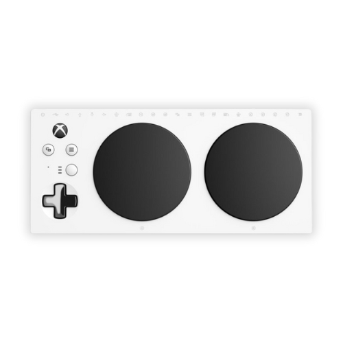 xac xbox adaptive controller white rectangle with two large black dots and to the left a black directional pad and menu buttons