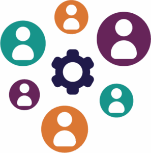 image of gear surrounded by the outline of people colors used teal purple orange dark blue