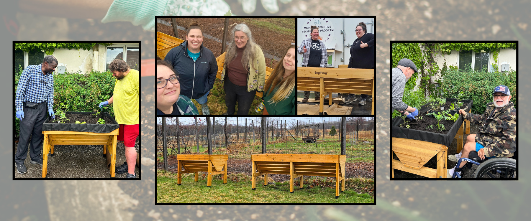 collab garden (1) left to right image of two men tending a raised garden bed then middle picture collage contains 3 images one of two people standing behind a raised garden bed they just built, next is an image of two raised garden beds in community garden, third is an image of four smiling individuals standing in front of the raised garden beds last image is of two men tending a garden bed